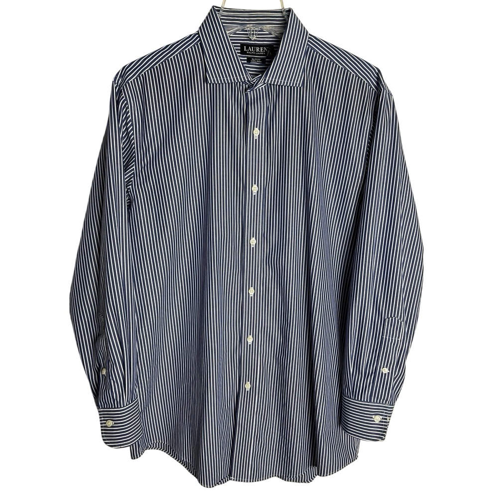 Lauren Ralph Lauren Mens Dress Shirt Size 16 1/2  32/33 Slim Fit Blue Stripe F18